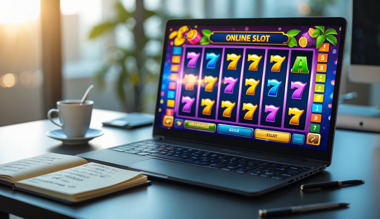 Seorang pemain menggunakan komputer dengan permainan slot online terlihat di layar, di meja terdapat buku catatan dan secangkir kopi.