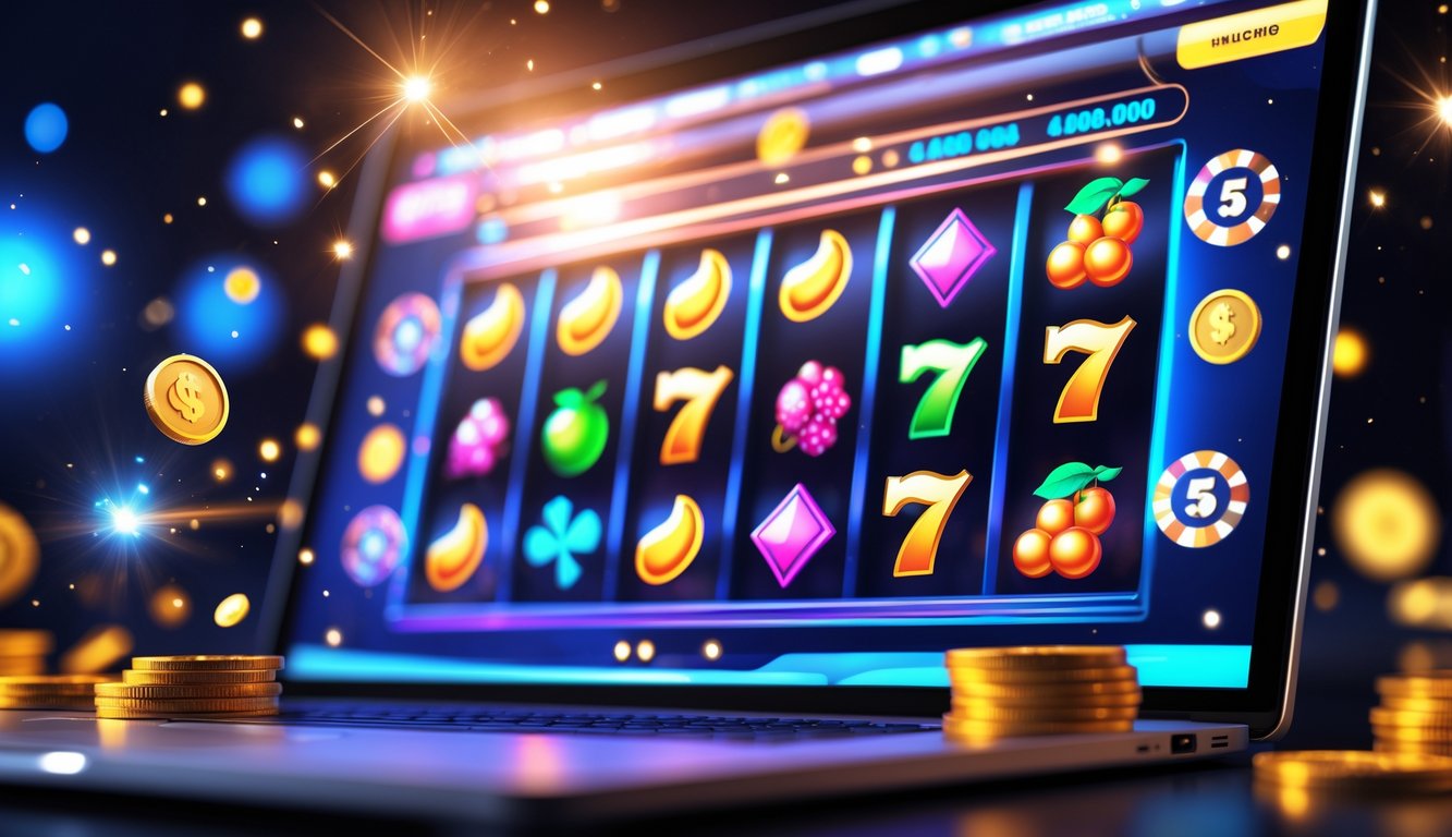 Layar komputer menampilkan permainan slot online dengan simbol berwarna cerah dan efek cahaya yang menarik.