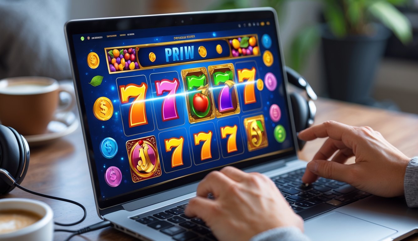 Seseorang bermain permainan slot online di laptop dengan latar ruang santai dan elemen seperti kopi dan headphone.