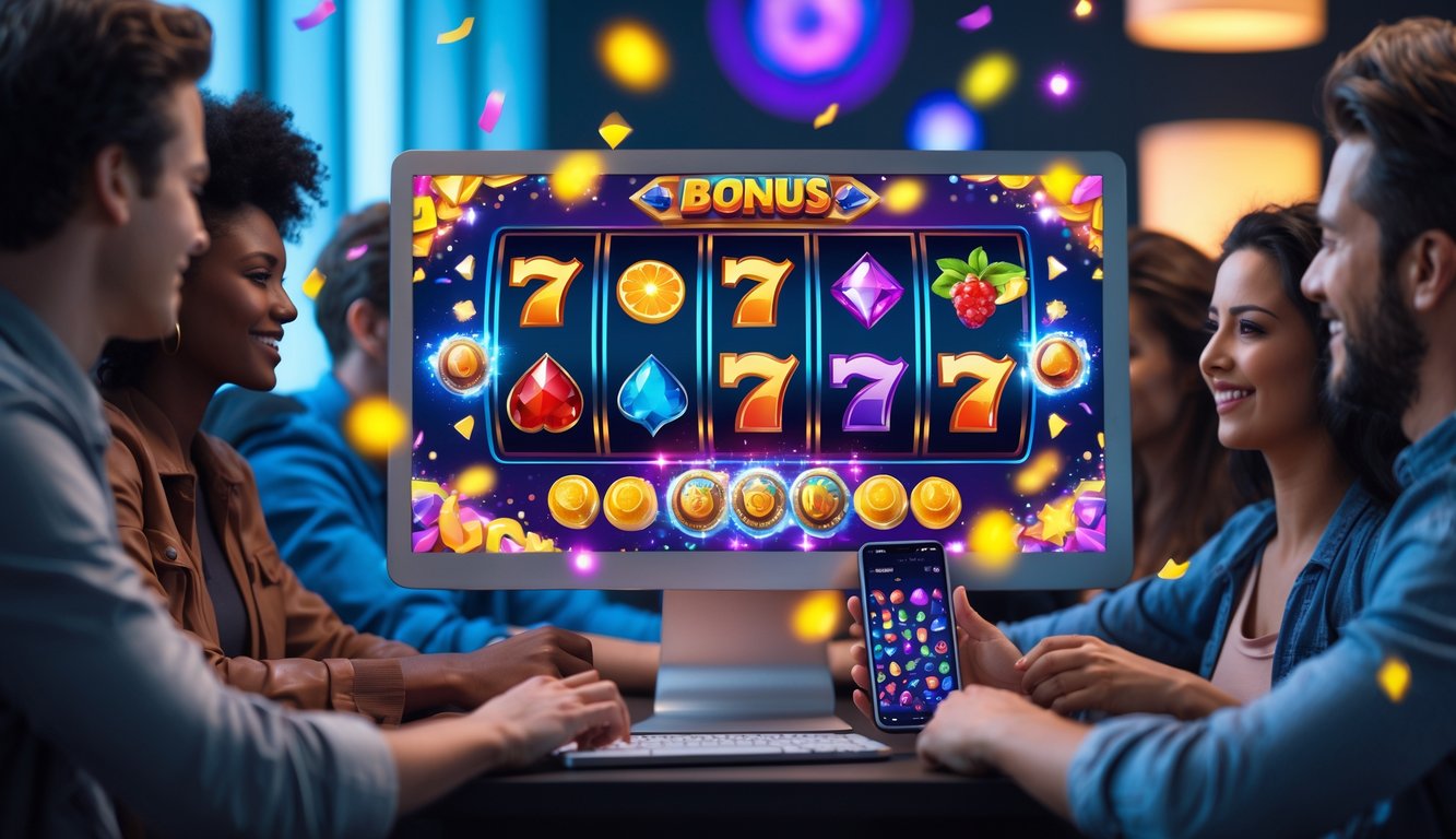 Orang-orang bermain permainan slot online interaktif dengan layar komputer menampilkan gulungan slot berwarna-warni dan efek visual menarik.