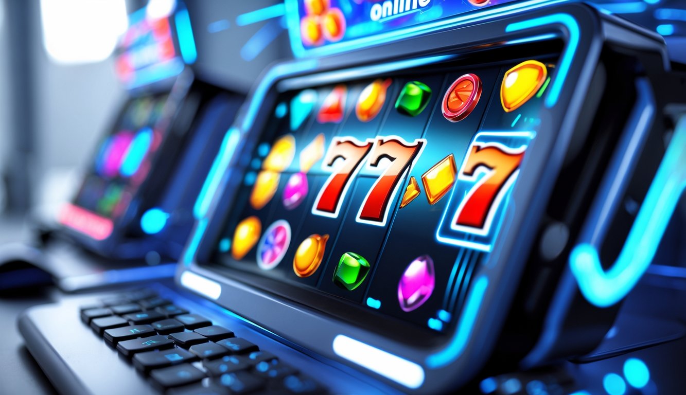 Tampilan layar perangkat dengan permainan slot online modern yang menampilkan gulungan berwarna cerah dan efek teknologi digital.