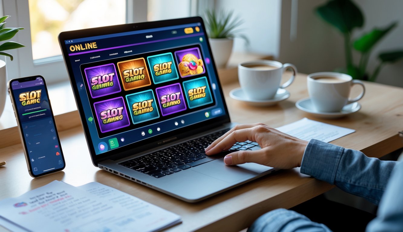 Seseorang menggunakan laptop di meja kerja dengan layar menampilkan permainan slot online, dikelilingi catatan dan secangkir kopi.