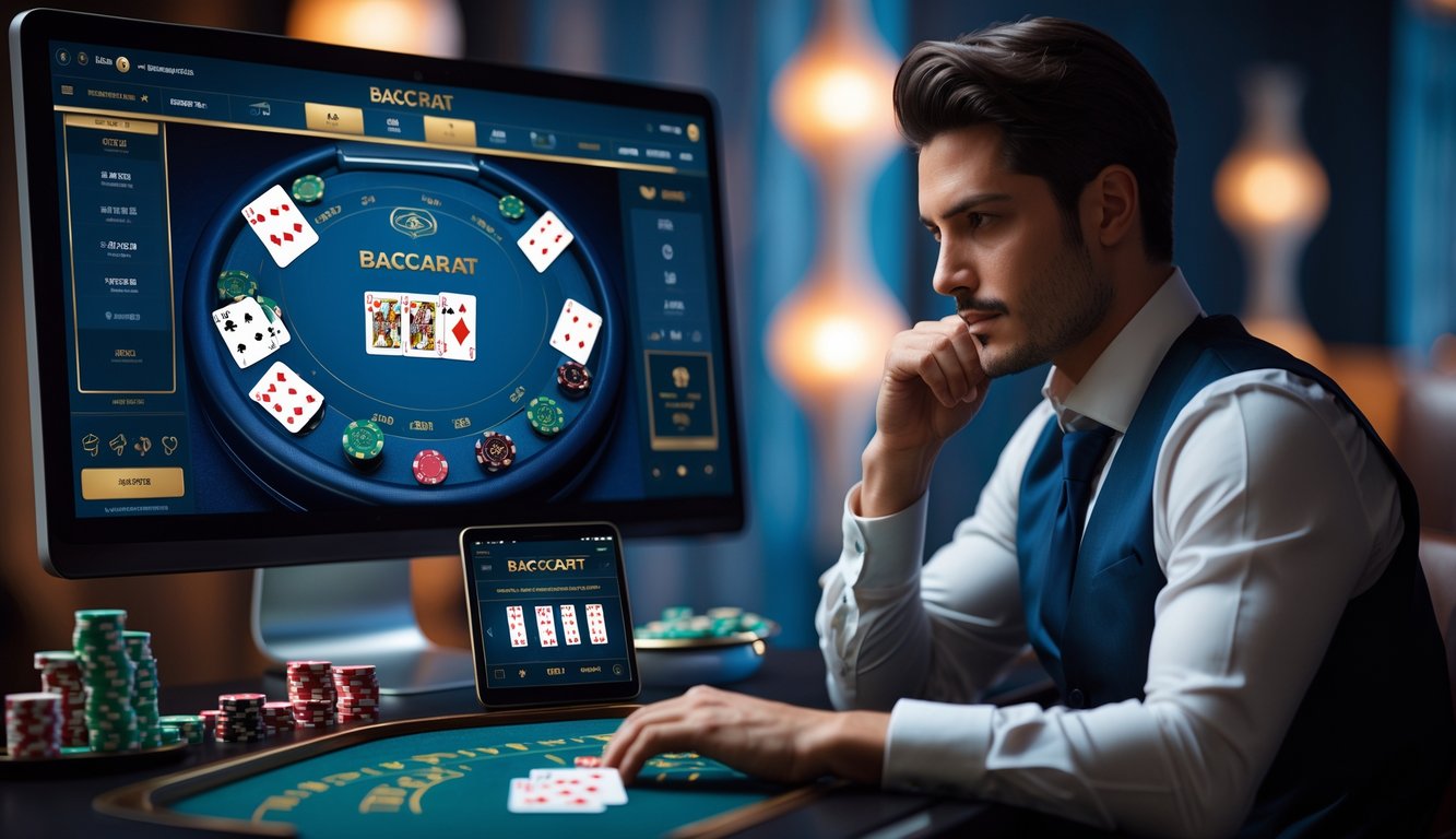 Seorang pemain fokus bermain baccarat online di depan komputer dengan kartu dan chip dalam suasana ruangan yang gelap dan modern.