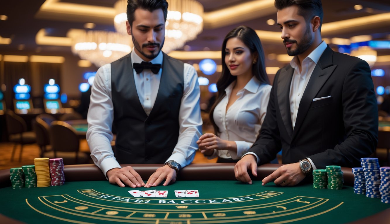 Meja permainan Baccarat dengan dealer dan dua pemain di kasino yang elegan.