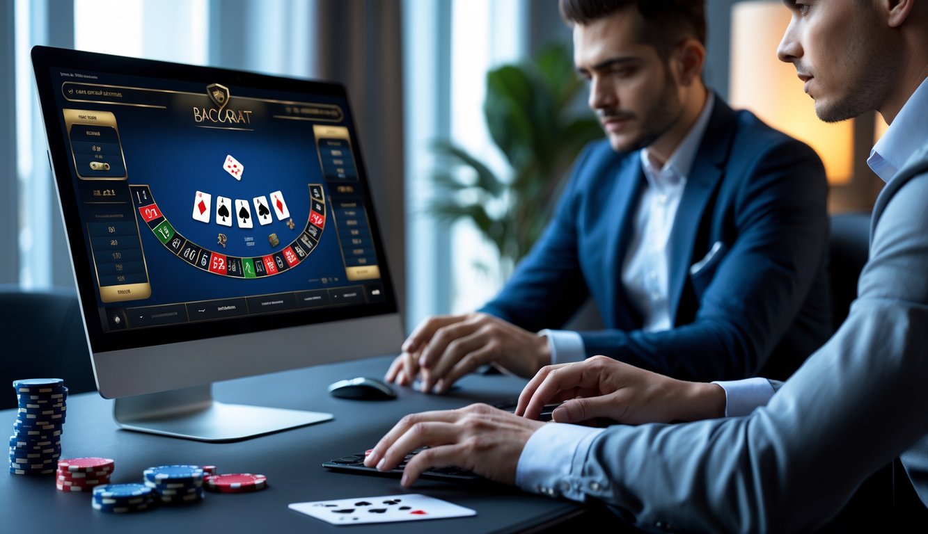 Seorang pemain fokus menggunakan komputer untuk bermain baccarat online dengan kartu dan chip di meja.