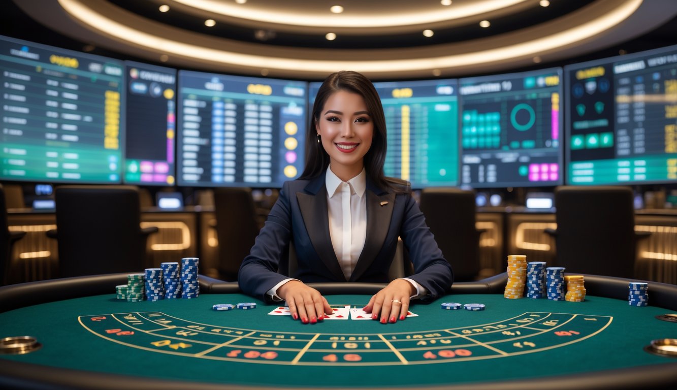 Seorang dealer wanita profesional duduk di meja baccarat dengan kartu dan chip, di latar belakang layar besar menampilkan informasi taruhan secara real-time.