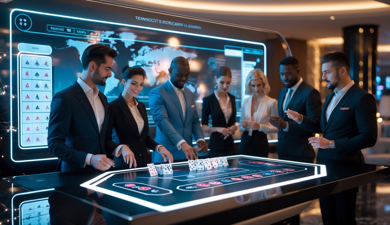 Orang-orang berpakaian rapi sedang berinteraksi dengan layar sentuh digital yang menampilkan permainan baccarat online di sebuah lounge modern.