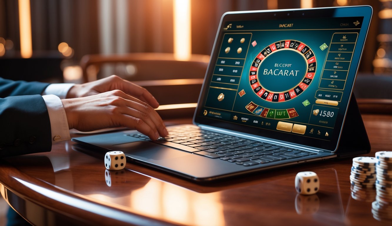 Seseorang sedang memasang taruhan pada permainan baccarat online di laptop dengan chip kasino di atas meja kayu.