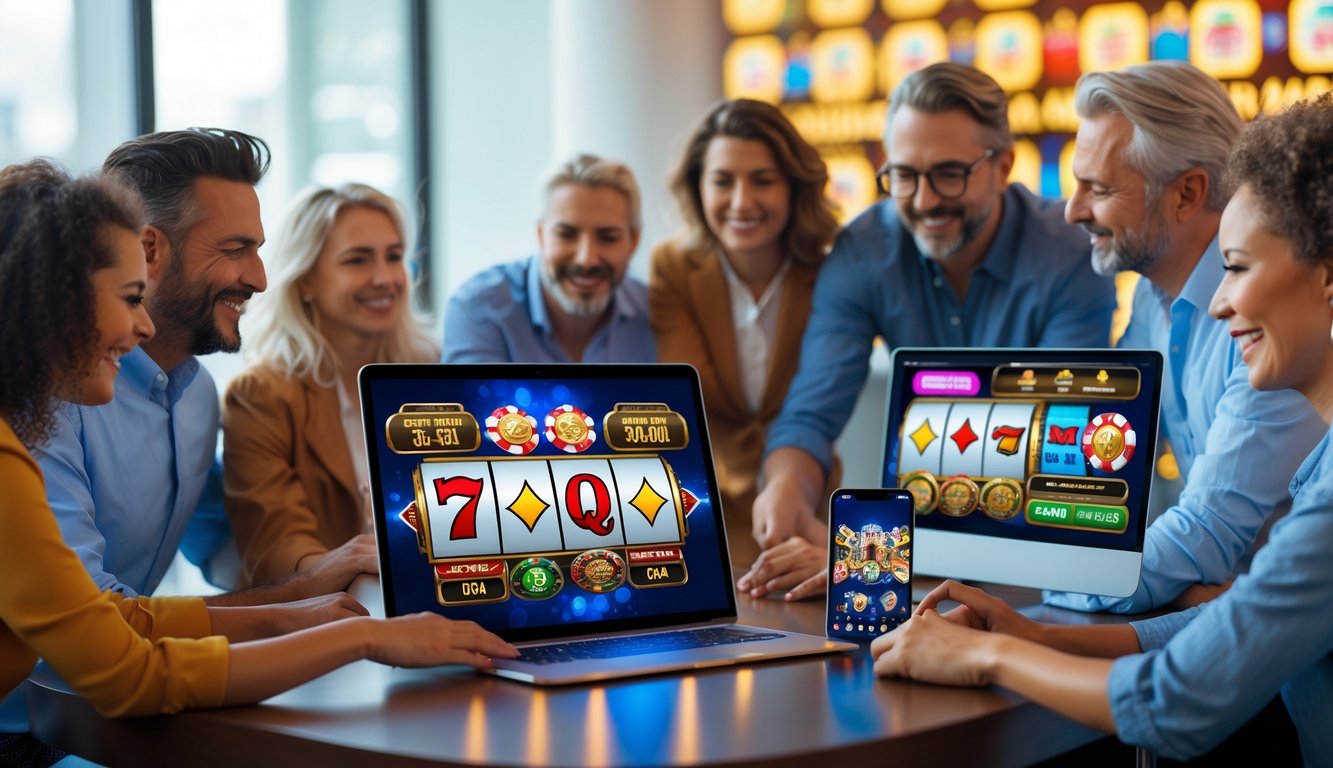 Beberapa orang dewasa sedang bermain game judi online menggunakan laptop dan ponsel di sebuah ruangan modern yang terang.