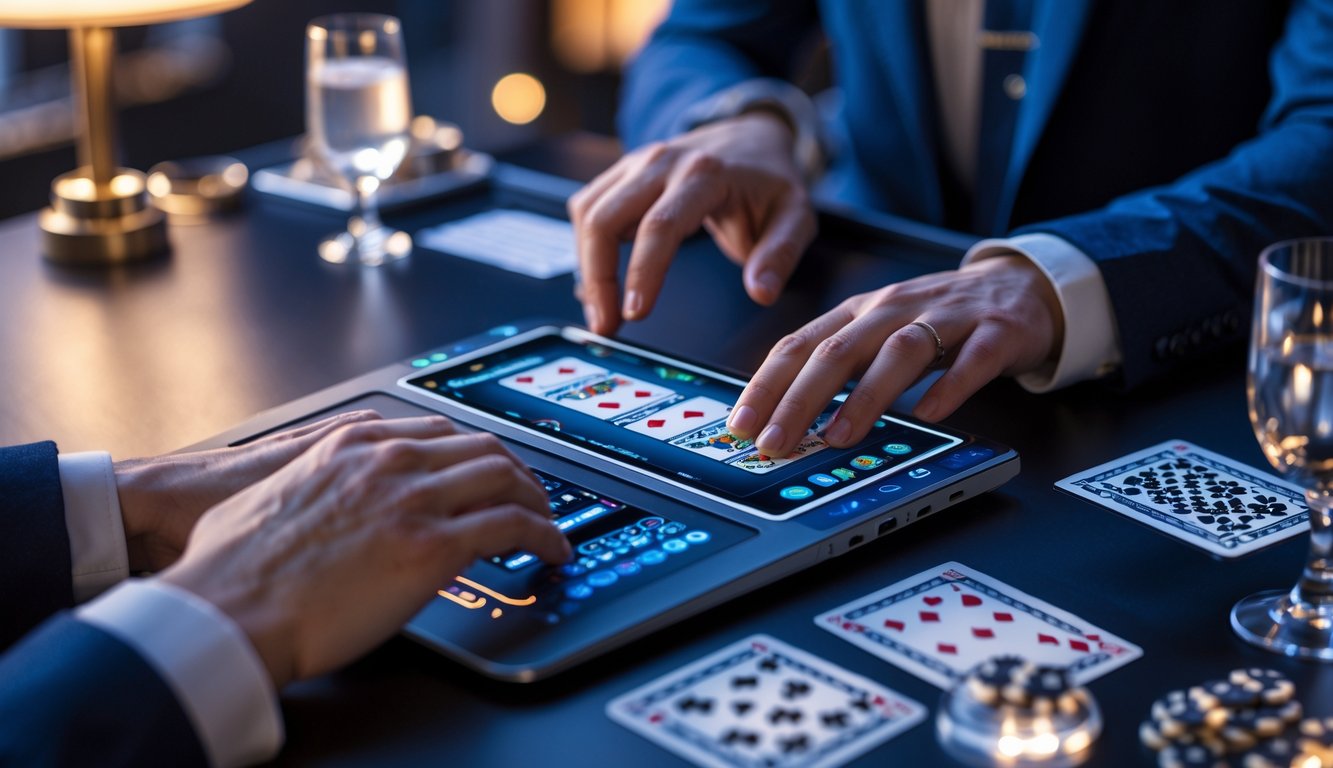 Seorang pemain menggunakan laptop untuk bermain baccarat online di meja yang rapi dengan kartu dan chip terlihat.