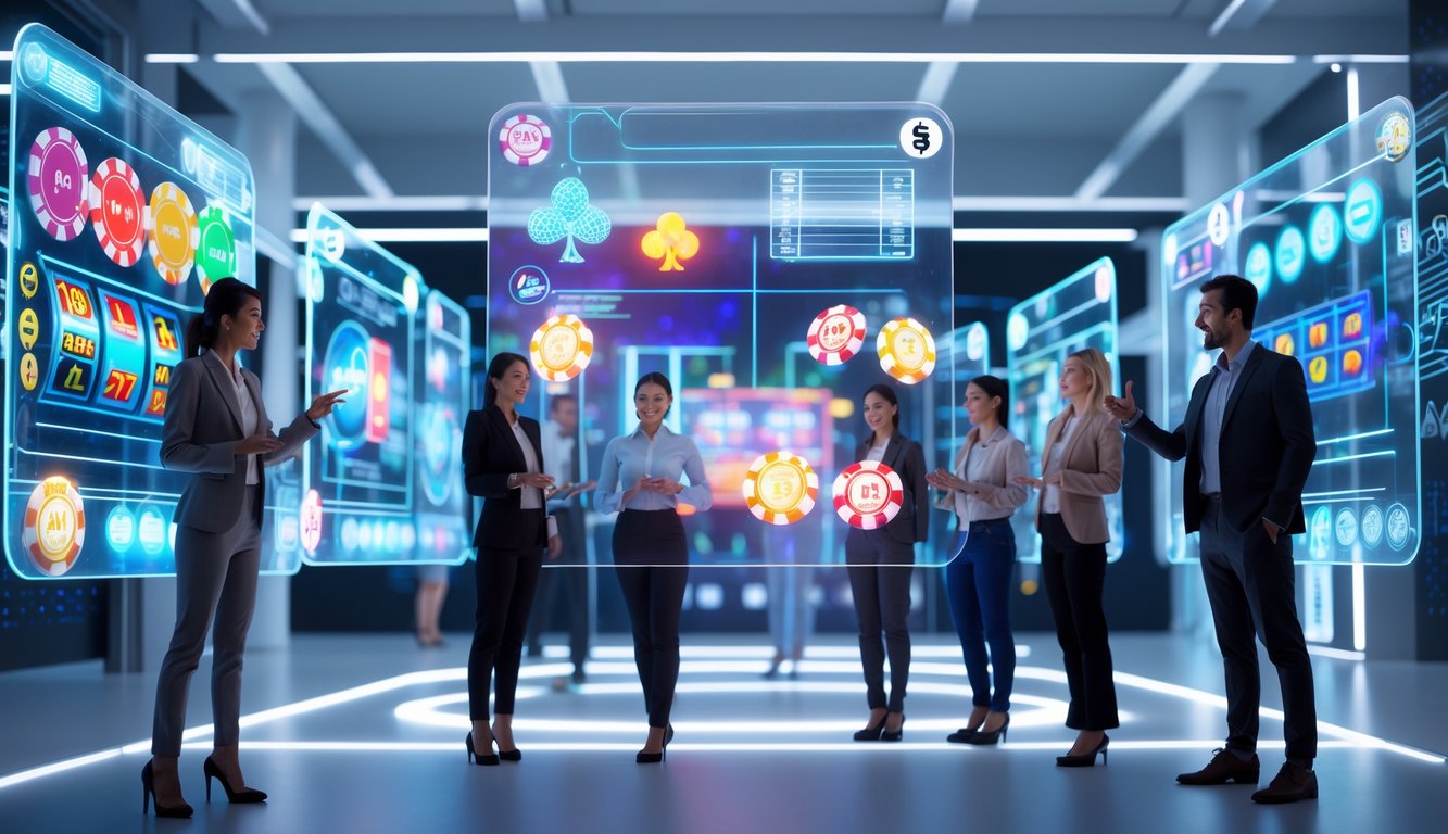 Beberapa orang profesional muda berinteraksi dengan layar holografik yang menampilkan elemen permainan kasino digital dalam ruangan berteknologi tinggi.