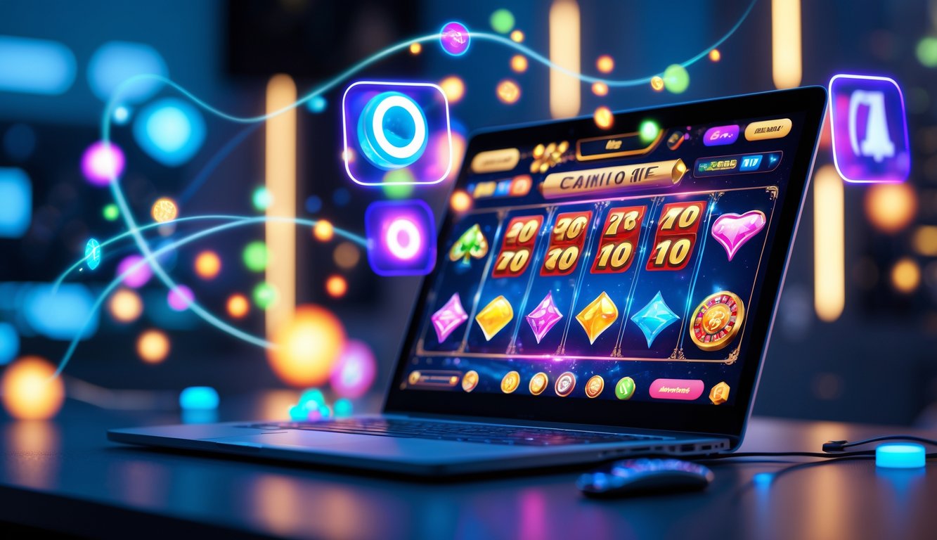 Seorang pengguna duduk di depan laptop yang menampilkan permainan judi online interaktif dengan efek digital yang menyala di sekitarnya.