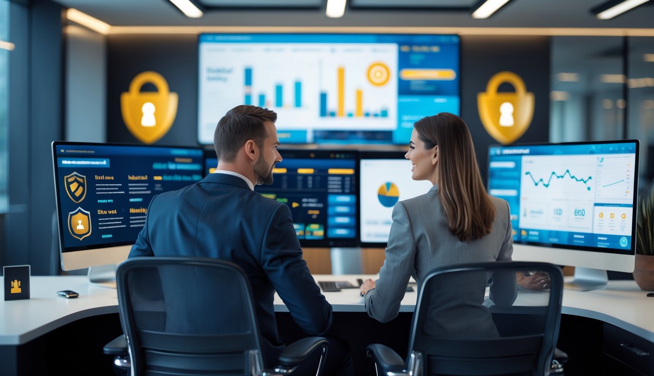 Seorang pria dan wanita duduk di meja modern dengan beberapa layar komputer menampilkan situs judi online yang aman, di ruang kantor yang terang dan profesional.