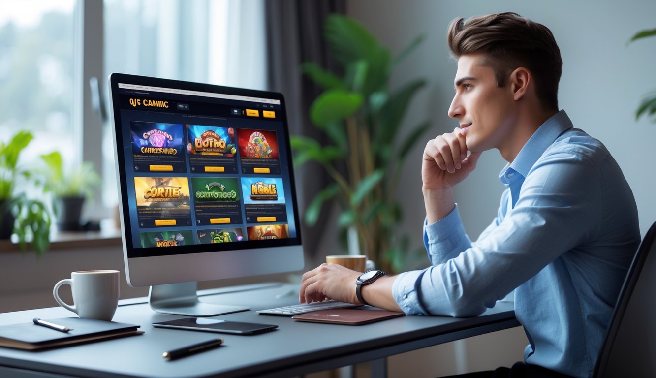 Seorang dewasa muda sedang duduk di meja modern, fokus menggunakan laptop yang menampilkan situs judi online, dengan suasana ruangan yang tenang dan rapi.