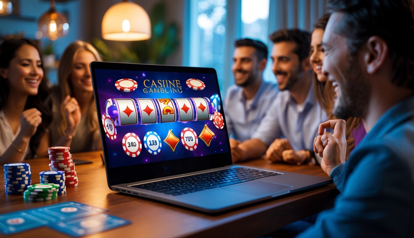 Orang-orang menikmati permainan judi online di depan komputer di lingkungan rumah yang nyaman.