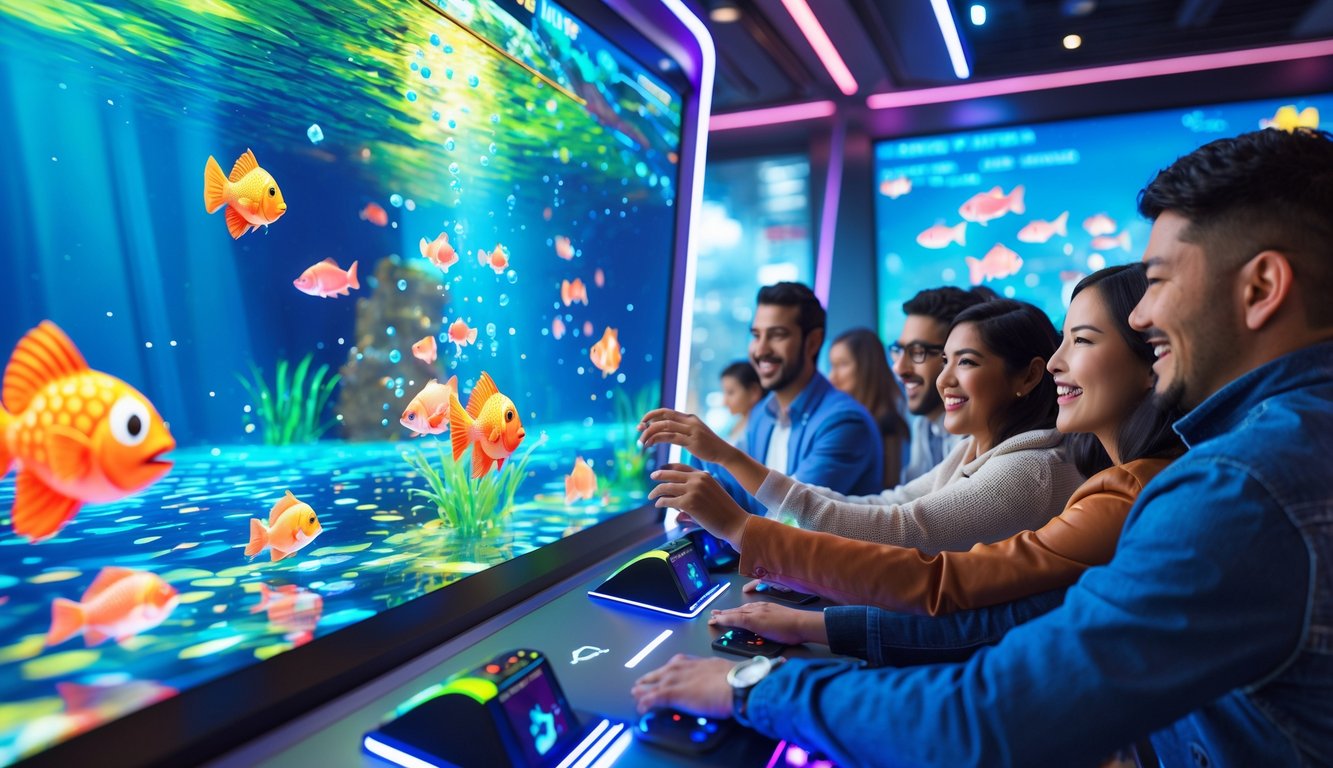 Orang-orang bermain permainan menembak ikan di layar besar dalam ruangan permainan yang modern dan cerah.