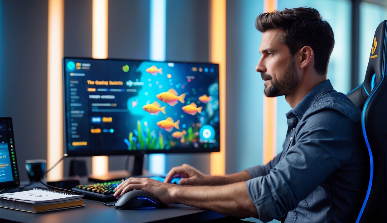 Seorang pria fokus bermain game tembak ikan di komputer di dalam ruangan bermain yang modern.