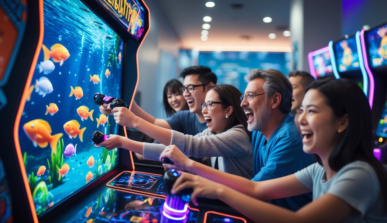 Beberapa orang bermain permainan tembak ikan di mesin arcade modern dengan layar warna-warni dan lampu LED di ruang permainan yang cerah.
