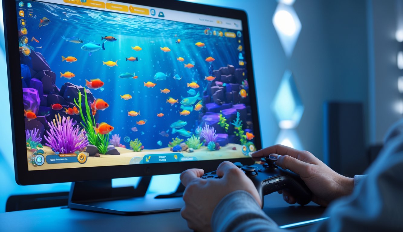 Seseorang sedang bermain game tembak ikan di komputer dengan tampilan bawah laut penuh ikan berwarna-warni.