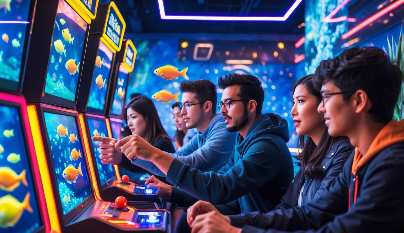 Sekelompok orang muda bermain permainan tembak ikan di sebuah arcade modern dengan layar digital berwarna-warni dan suasana yang cerah dan penuh semangat.