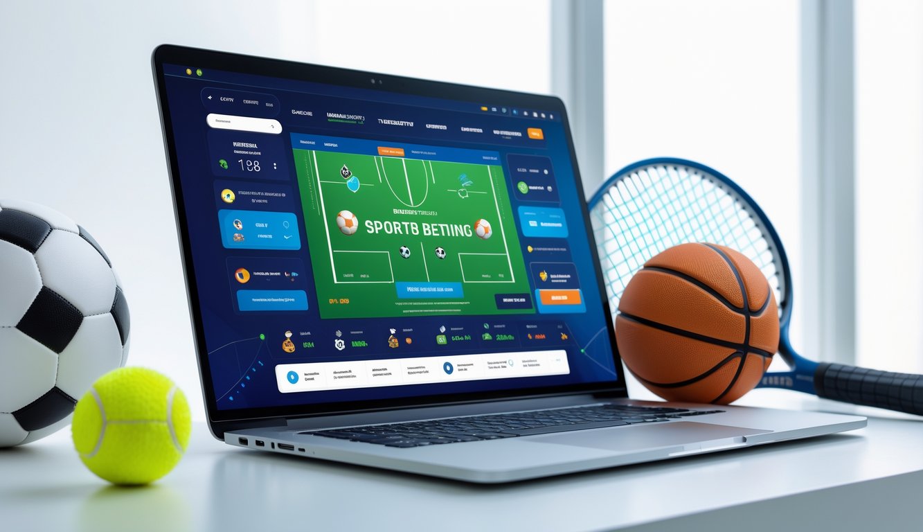 Seorang pengguna duduk di depan komputer dengan layar menampilkan antarmuka taruhan olahraga, dikelilingi oleh bola sepak dan peralatan olahraga lainnya.