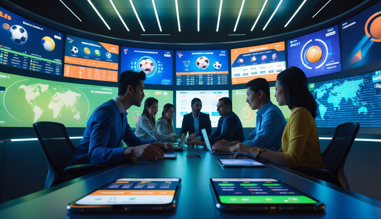 Beberapa orang yang antusias menggunakan perangkat digital untuk taruhan olahraga dengan layar besar menampilkan berbagai pertandingan olahraga dunia.
