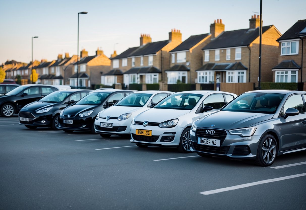 Five parked cars including a black Ford Fiesta, silver Vauxhall Corsa, dark blue Volkswagen Golf, white BMW 3 Series, and grey Audi A3 in an urban UK parking lot with residential buildings in the background.