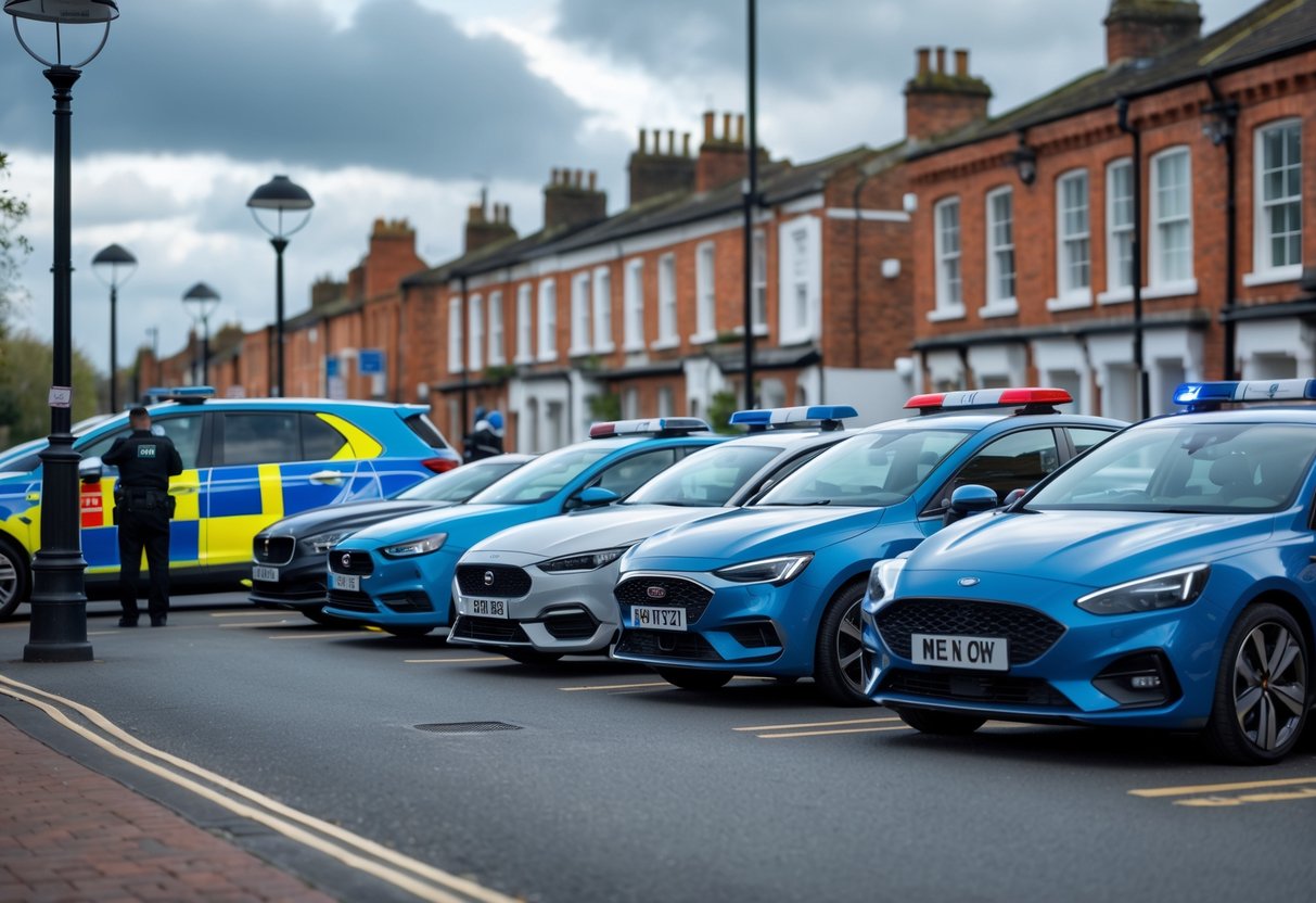 Five popular cars parked on a British street with a police car and officer nearby, CCTV cameras visible on buildings.