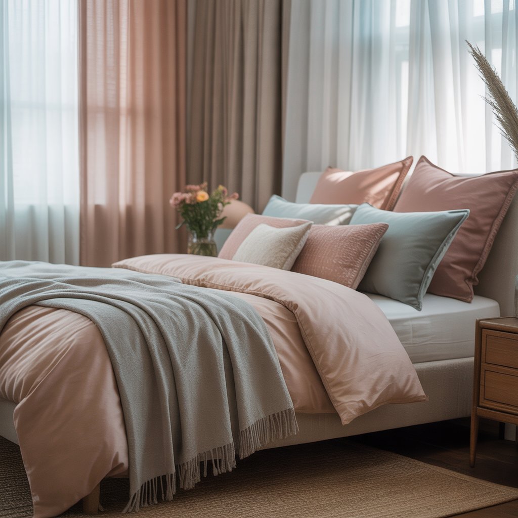 A neatly arranged bedroom with a bed, soft bedding, a bedside table with flowers, and natural light coming through sheer curtains.