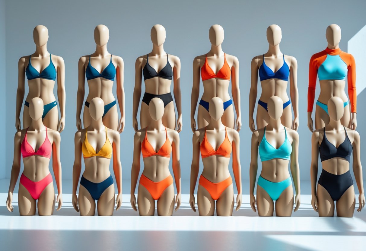 Ten mannequins side by side wearing different types of swimsuits on a plain white background.