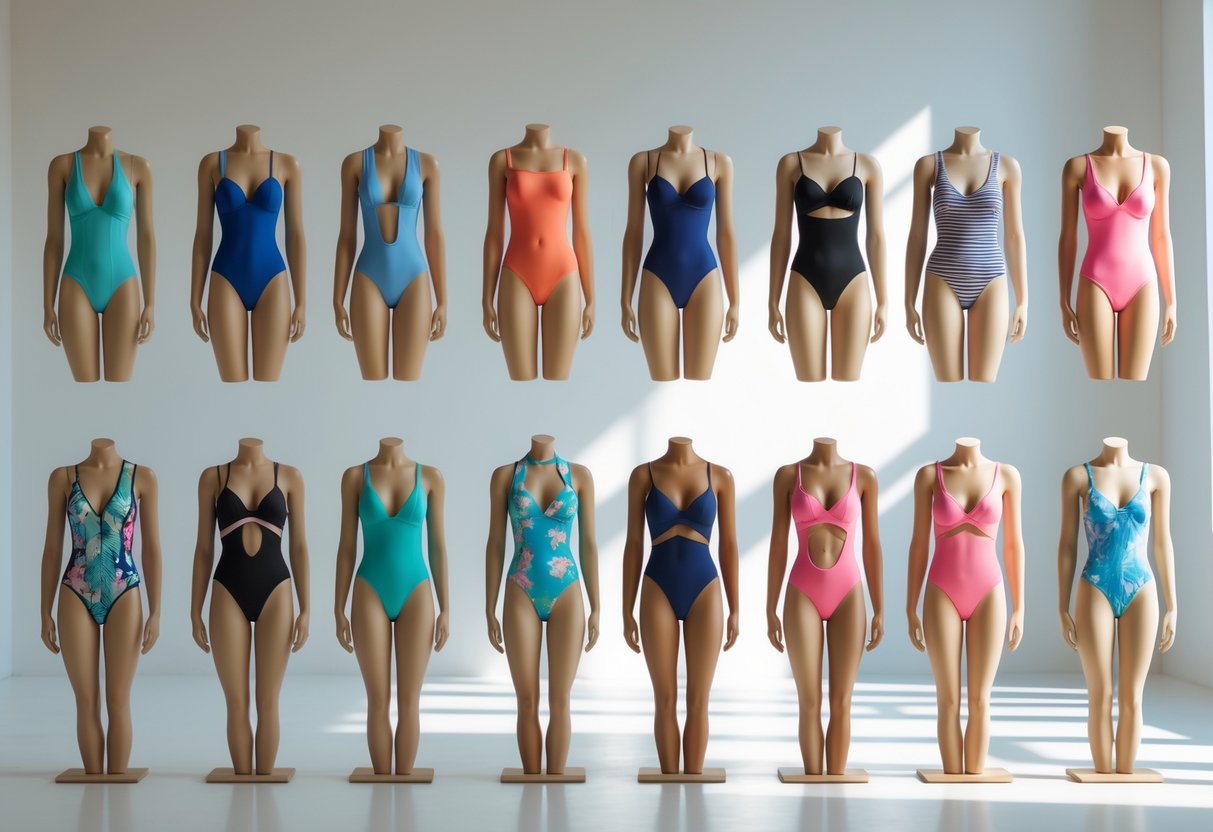 Ten mannequins wearing different styles of one-piece swimsuits arranged in a bright studio.
