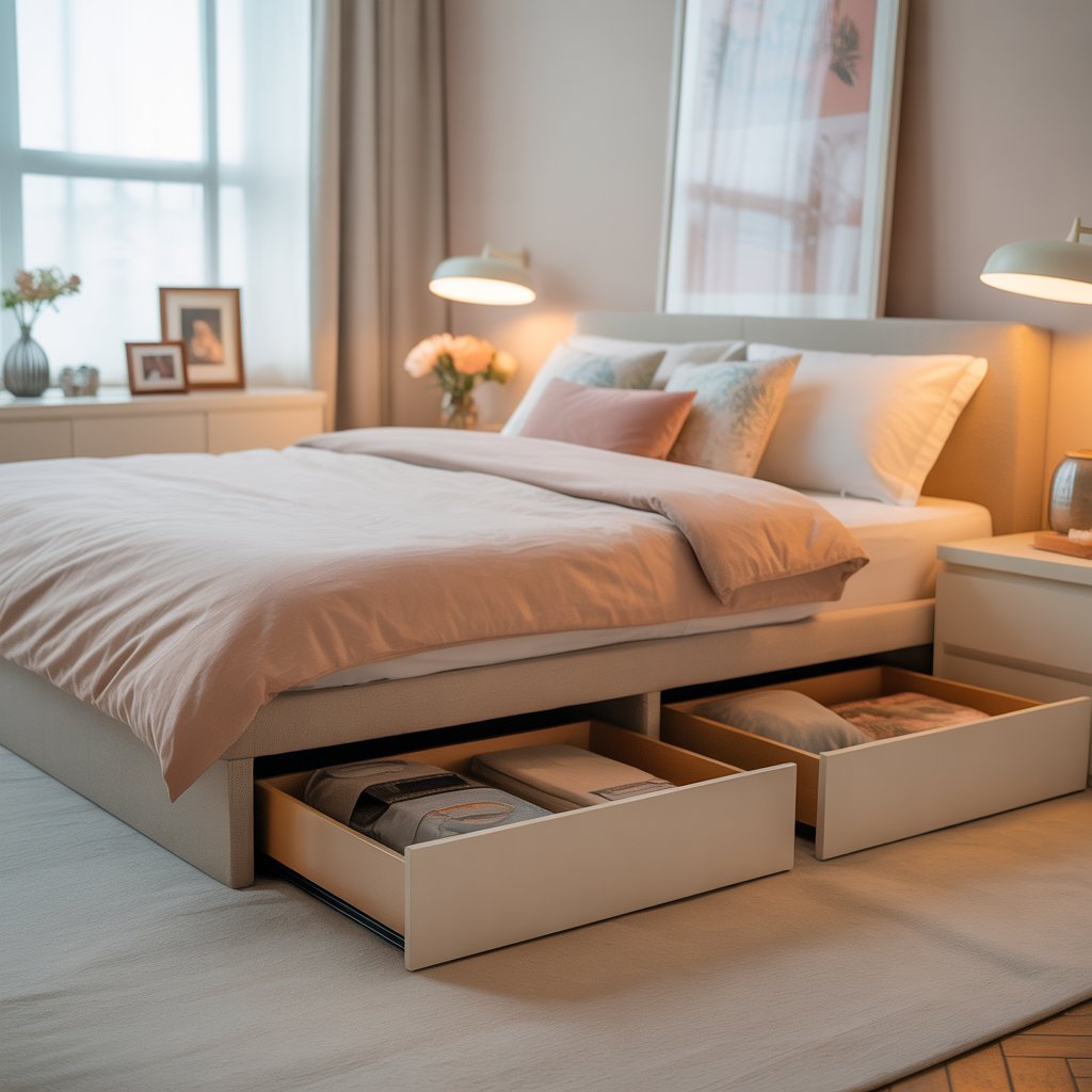 A tidy bedroom with a made bed and open under-bed storage drawers revealing organized items, soft natural light, and personal decorative touches.