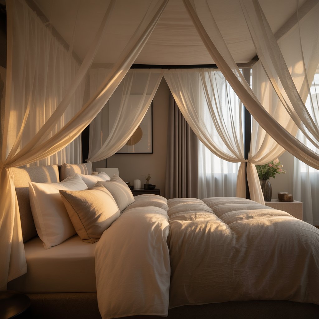 A bedroom with a canopy bed surrounded by sheer curtains, soft bedding, and warm natural light.