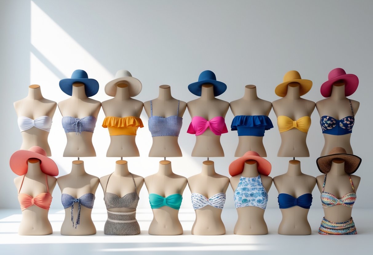 A display of ten different bandeau bikinis in various colors and styles arranged on mannequins against a plain background.