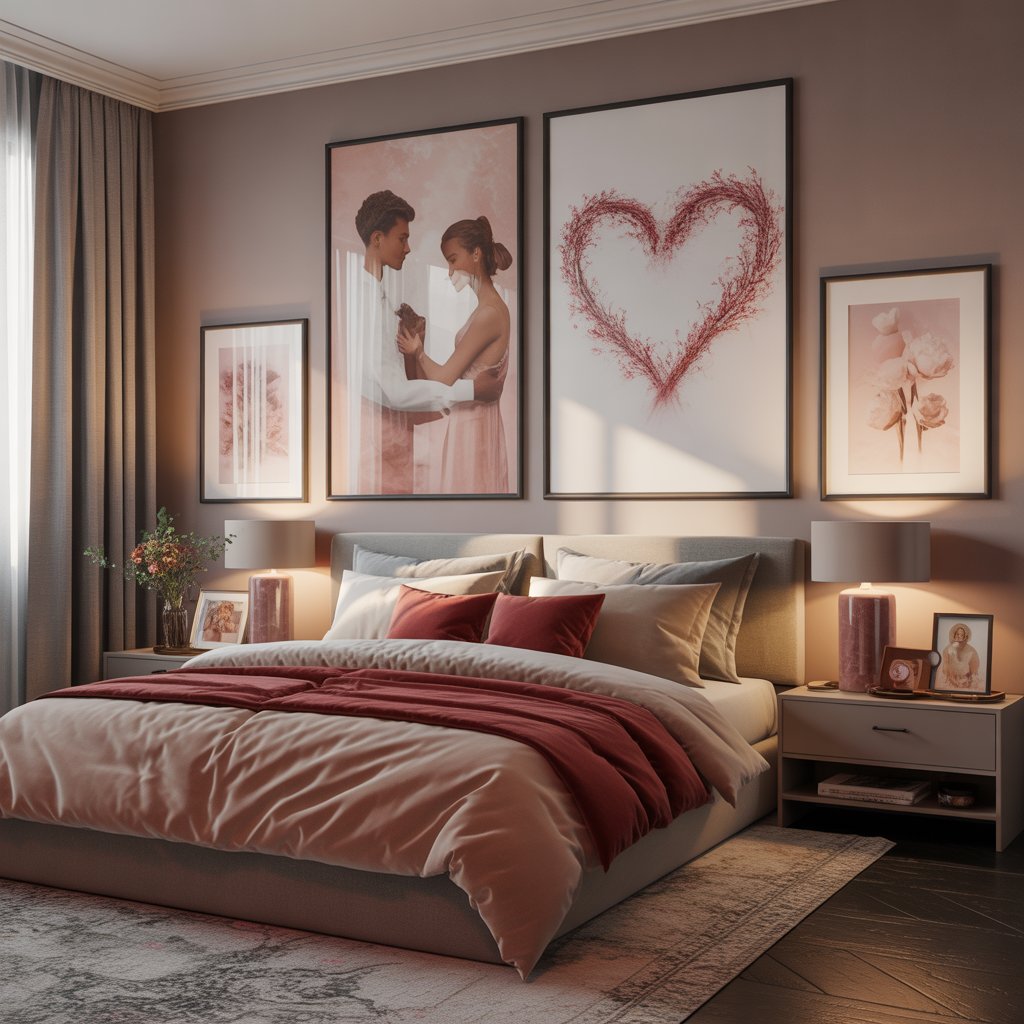 A modern bedroom with a large bed, warm bedding, romantic art on the walls, soft natural light, and personal decorative items.