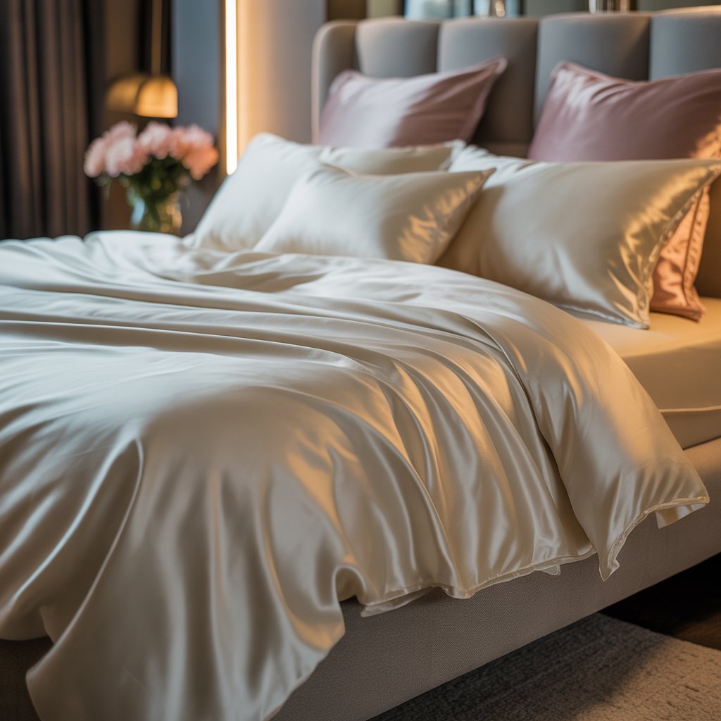 A neatly made bed with silky bedding in a cozy bedroom with soft lighting and fresh flowers on a bedside table.