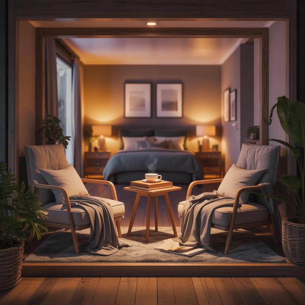 A cozy reading nook with two armchairs, a small table with books and tea, inside a warmly lit bedroom.