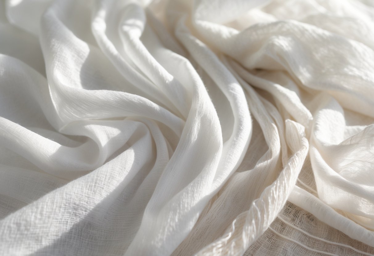 Close-up of various light and breathable fabrics arranged to show their texture and softness.