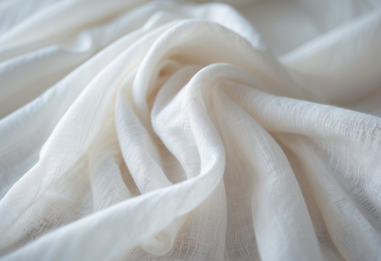 Close-up of soft, lightweight white cotton voile fabric draped to show its texture and translucency.
