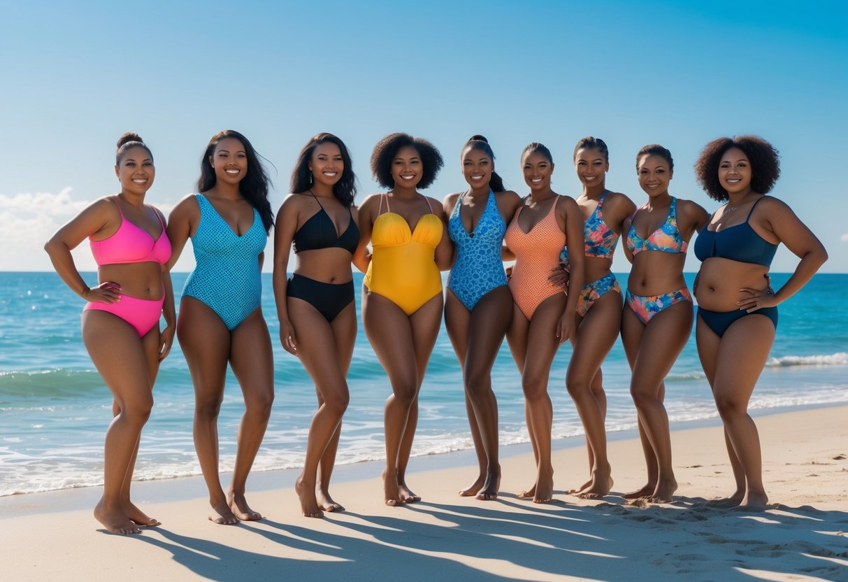 A group of ten women standing on a beach wearing different swimsuits, smiling and posing with the ocean and sky in the background.