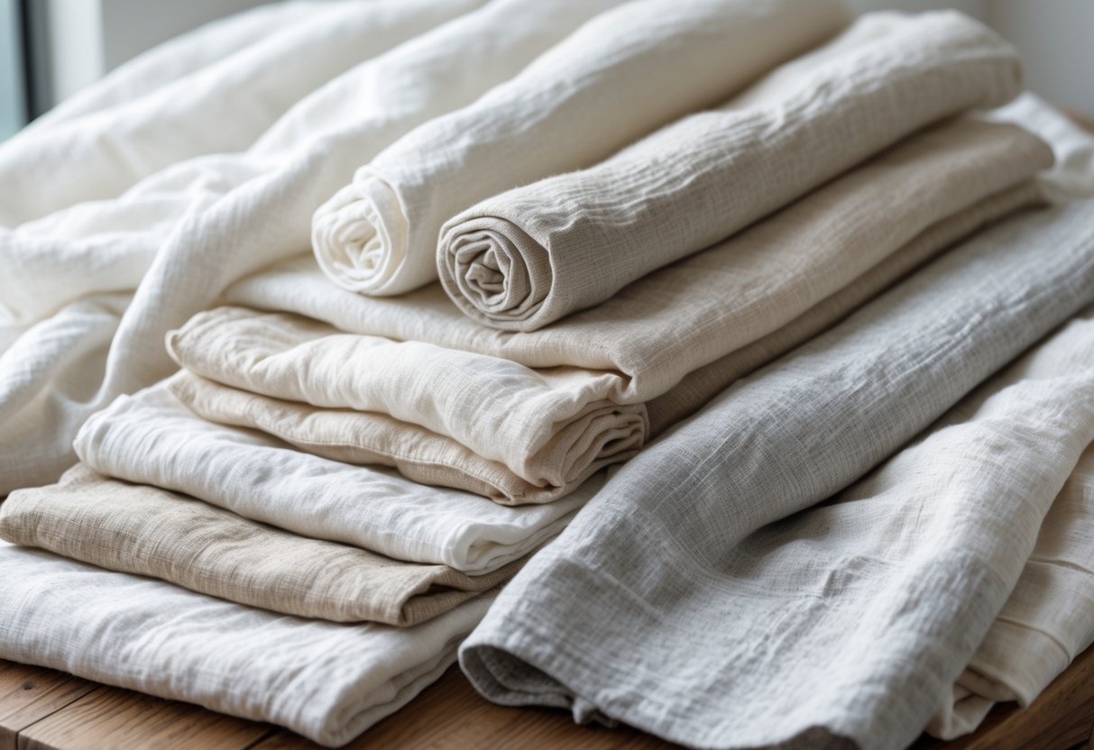 A close-up view of several light-colored linen fabrics arranged neatly on a wooden surface, showing their soft texture and breathable quality.