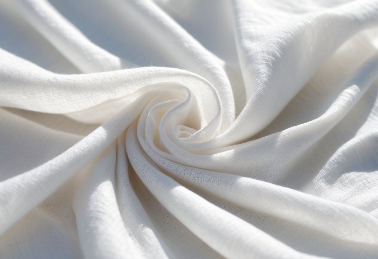 Close-up of soft, light-colored cotton lawn fabric draped to show its breathable and delicate texture.