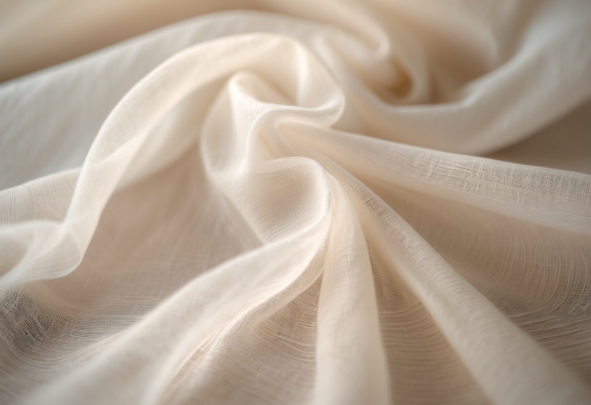 Close-up of light, sheer organza fabric gently draped to show its delicate and breathable texture.