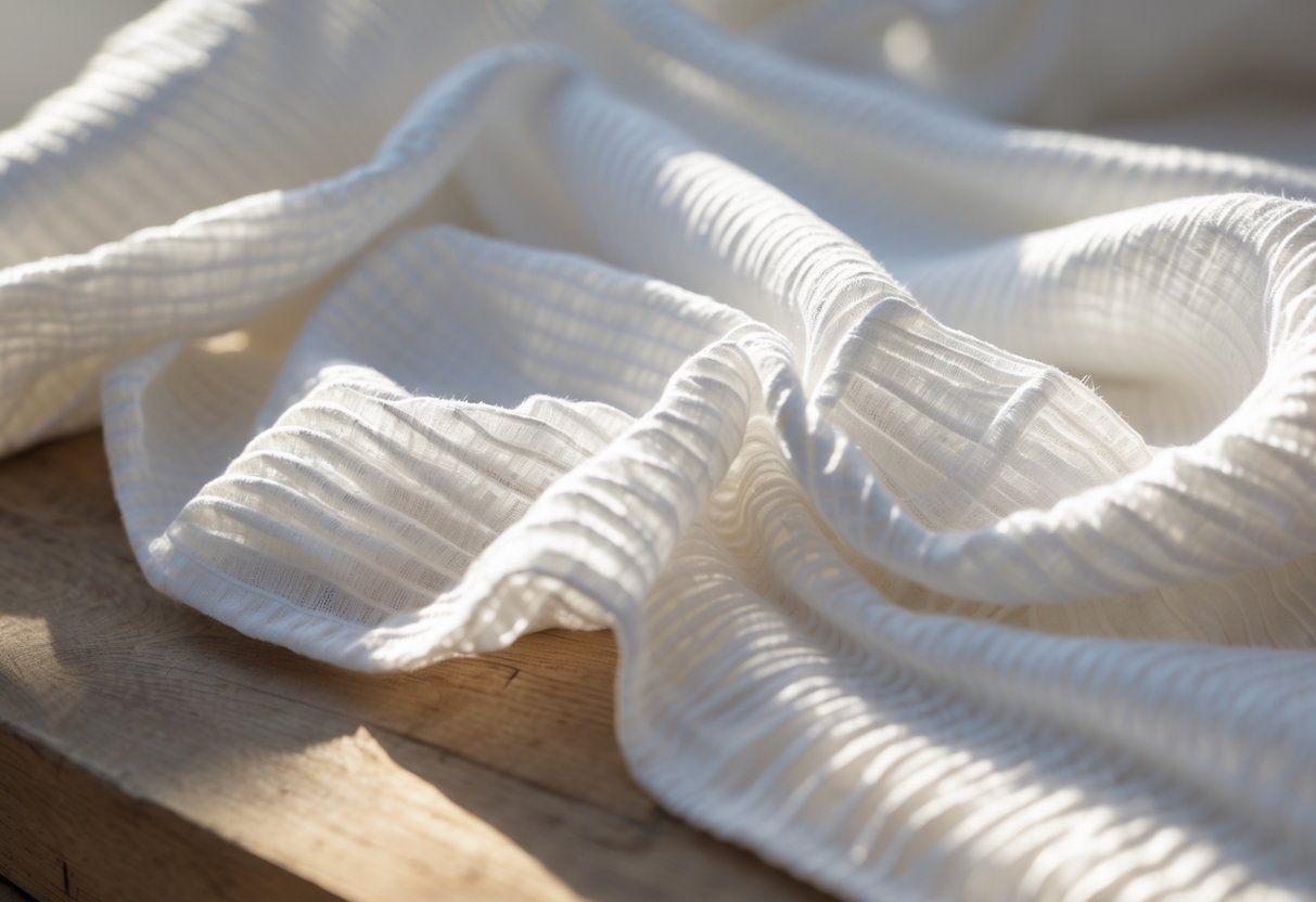 Close-up of light seersucker fabric draped over a wooden surface in natural light.