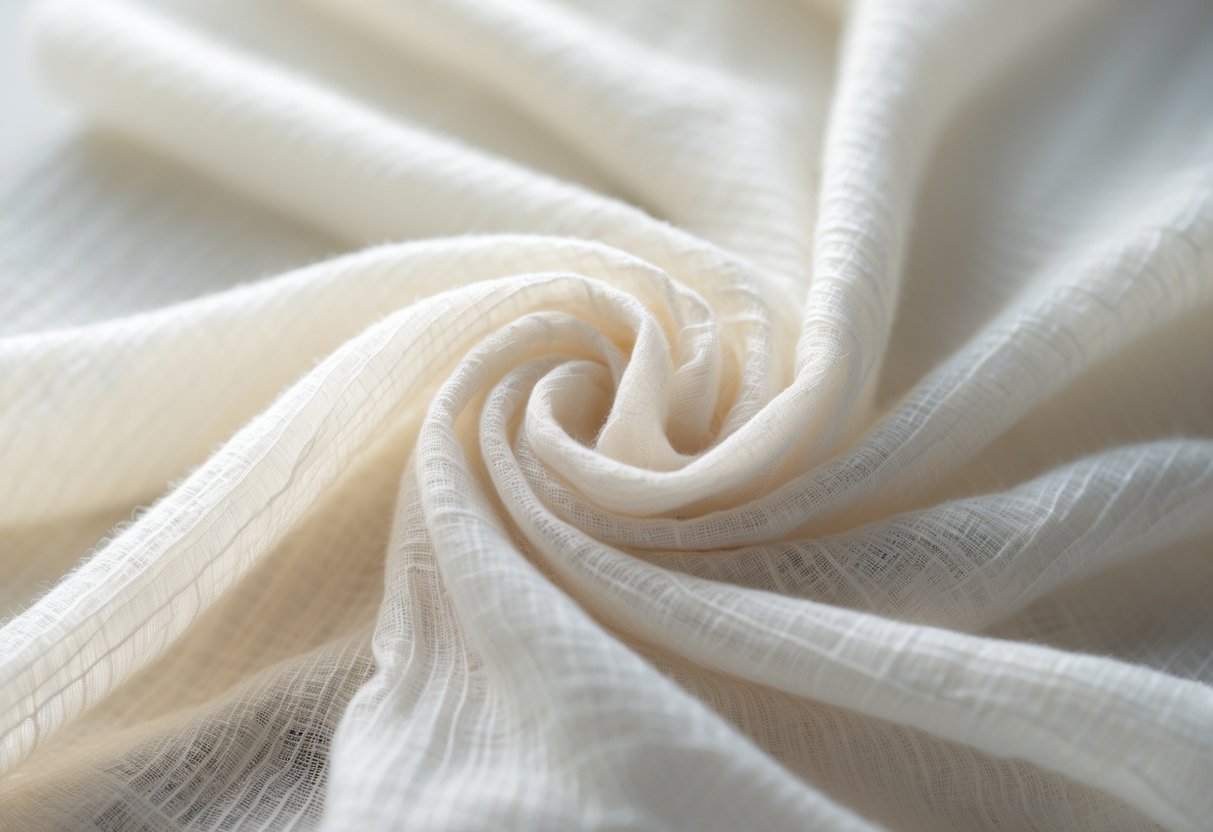 Close-up of soft, lightweight gauze fabric draped to show its breathable and airy texture.