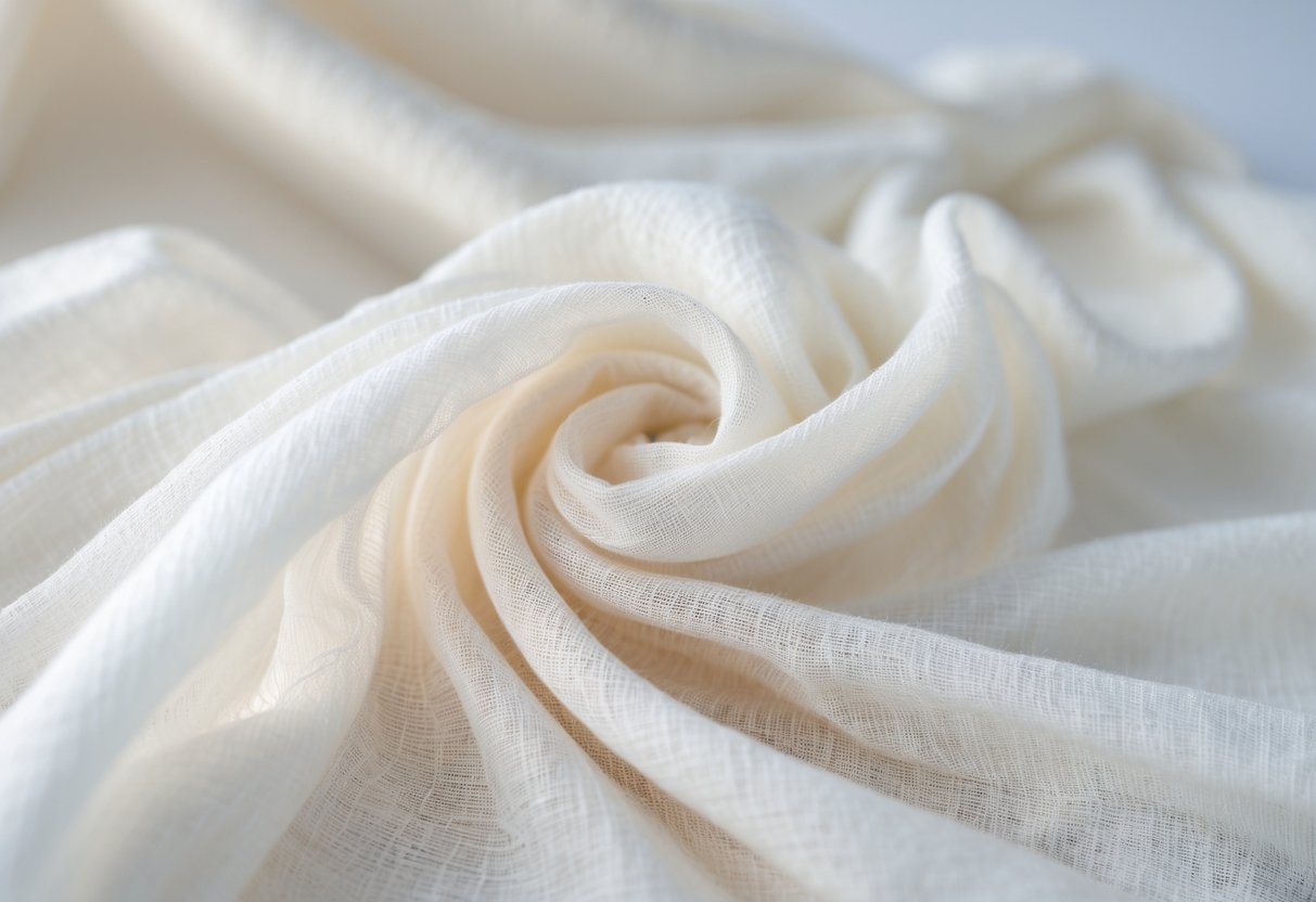 Close-up of soft, light-colored fabric with delicate folds showing its thin and breathable texture.