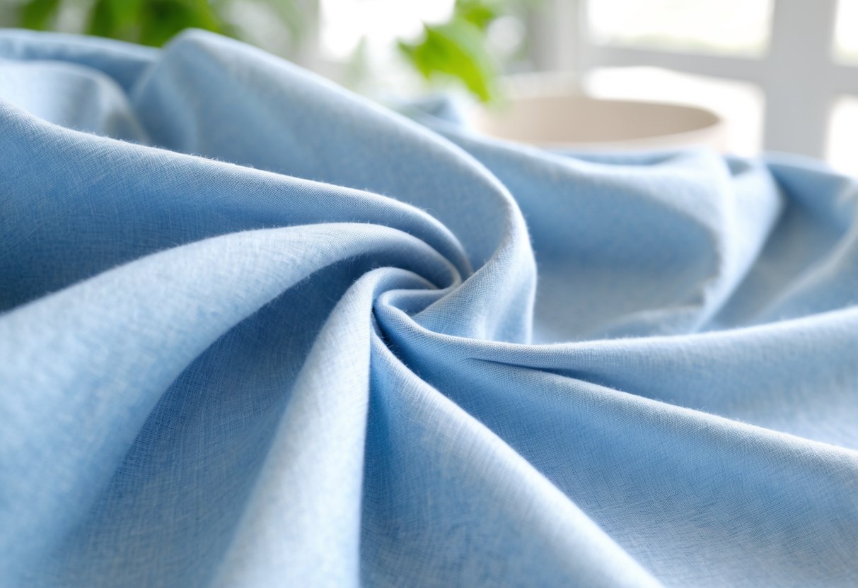 Close-up of light blue chambray fabric gently draped in soft natural light, suggesting comfort and breathability.