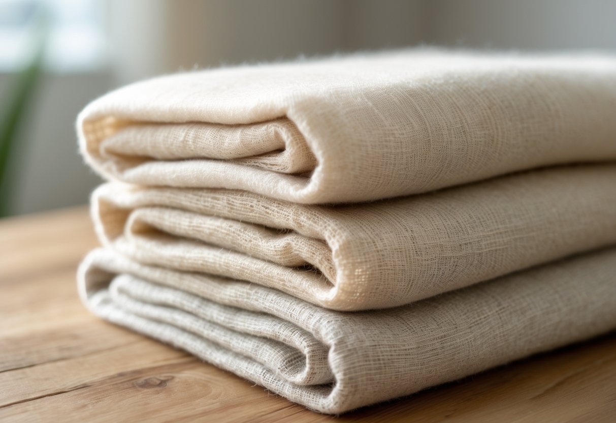 Close-up of light-colored hemp fabric swatches stacked on a wooden surface.