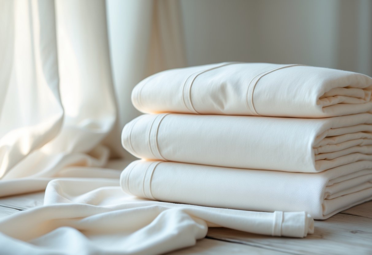 Close-up of neatly folded light-colored cotton fabric on a wooden surface with soft natural light highlighting its texture.