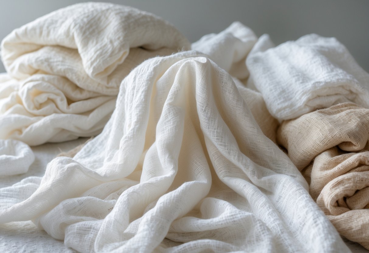 Close-up of soft, light-colored muslin fabrics draped to show their breathable and lightweight texture.